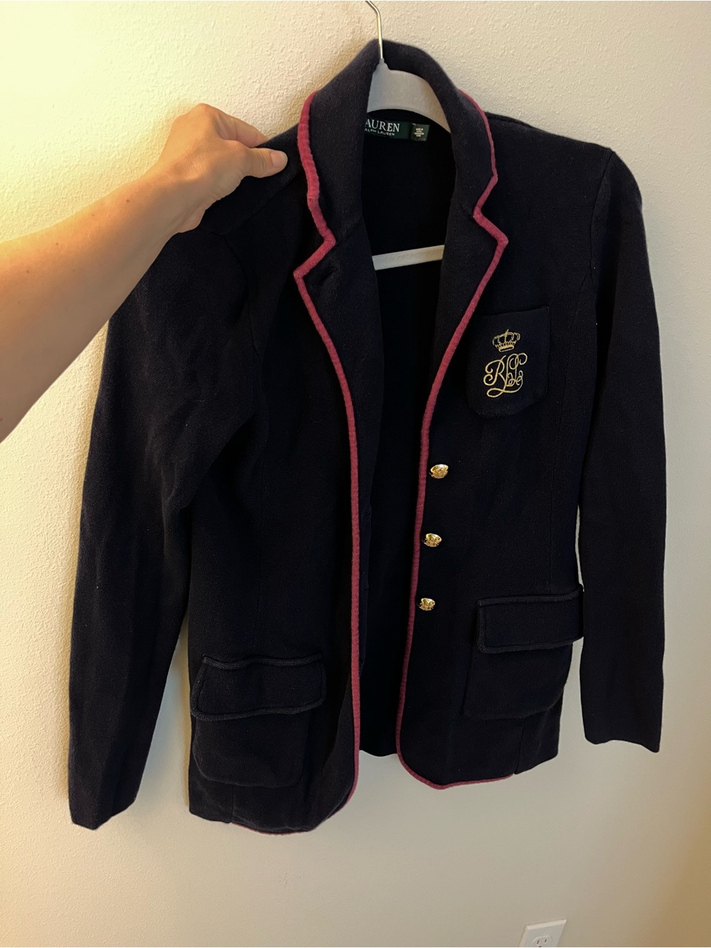 Ralph Lauren Navy Blazer with Pink Piping and Crest
